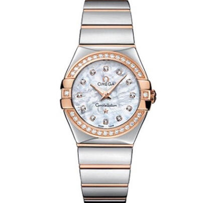 V6欧米茄星座系列女士石英手表,贝壳面玫瑰金镶钻
